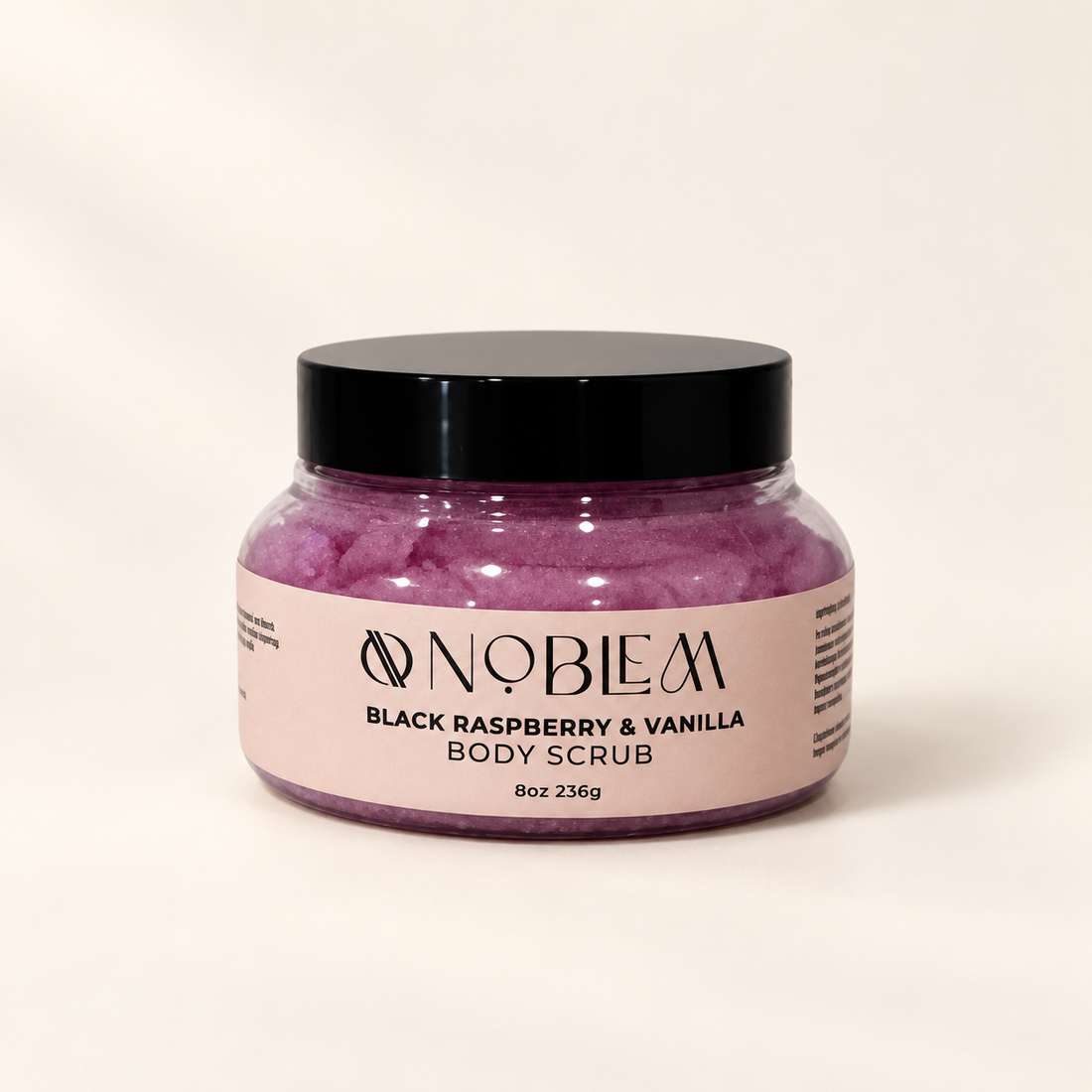 Black Raspberry &amp; Vanilla Body Scrub on a warm ivory background