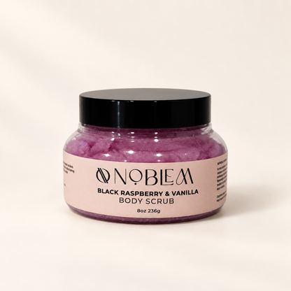 Black Raspberry &amp; Vanilla Body Scrub on a warm ivory background